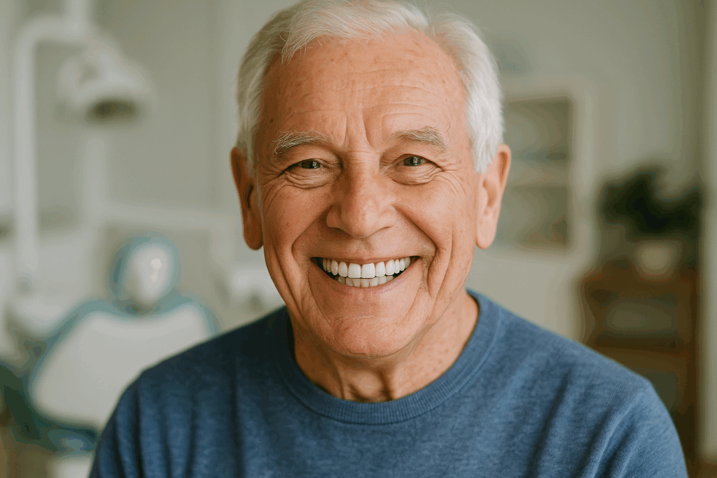 A headshot of a smiling elderly man with white hair, wearing a blue sweater, posing in what appears to be a dentist's office.
