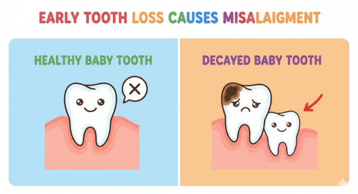Comparison of a healthy baby tooth and a decayed baby tooth, illustrating tooth shifting and misalignment in permanent teeth.