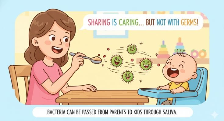 Illustration showing cavity-causing bacteria transferring from a parent’s spoon to a child’s mouth.