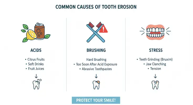 Infographic showing main causes of gum-line erosion: acids, brushing, grinding.