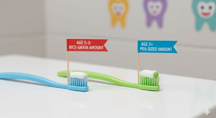 Comparison of rice-grain vs. pea-sized amounts of fluoride toothpaste on kids’ toothbrushes.