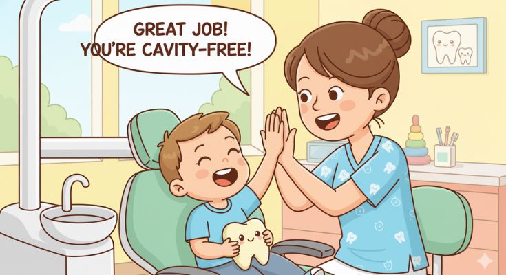 Smiling child in a colorful dental chair high-fiving a friendly dentist after a cavity treatment.