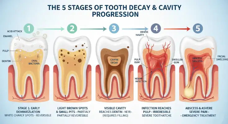 Stages of tooth decay and cavity progression