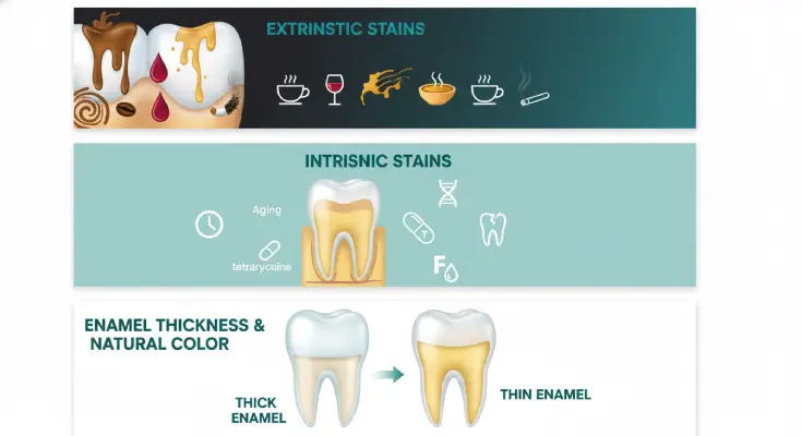 Why teeth look yellow, extrinsic stains, intrinsic stains & thin enamel.